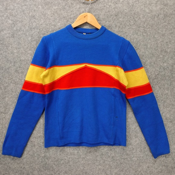 Ossi Sweaters - Vintage Ski Sweater Womens L Blue Yellow Red Colorblock Stripe 70s OSSI Slim Fit
